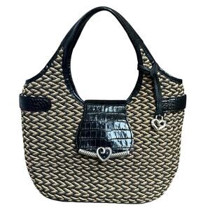 Brighton Woven Tan Straw Shoulder Bag Handbag Purse Black Croc Leather Handles